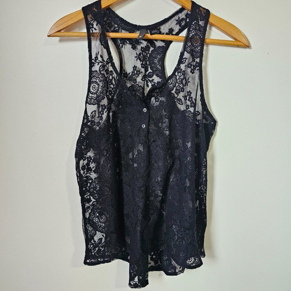 EUC DIVIDED BY H&M BLACK LACE RACERBACK TANK TOP SCOOP NECK HALF BUTTOMED SZ 4/S